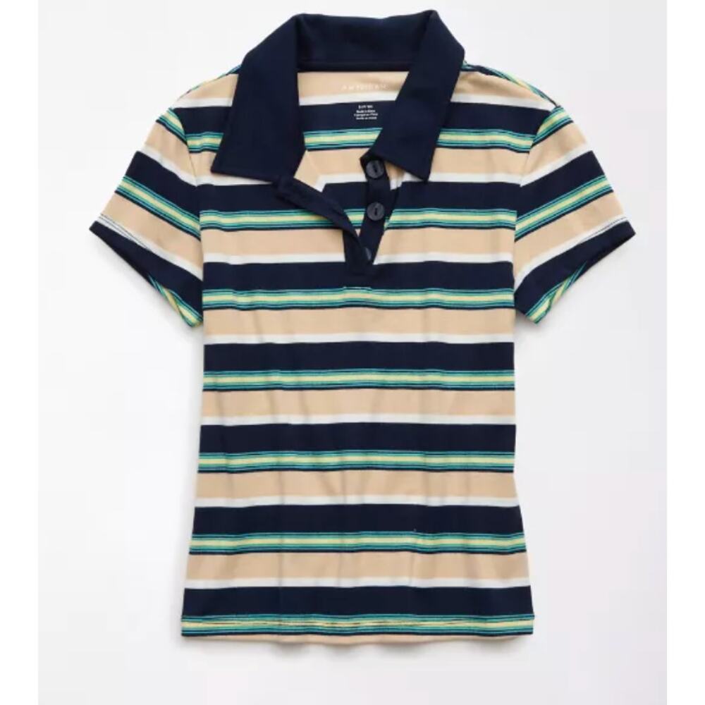 AE Hey Baby Striped  Navy Beige Polo Tee Size Medium